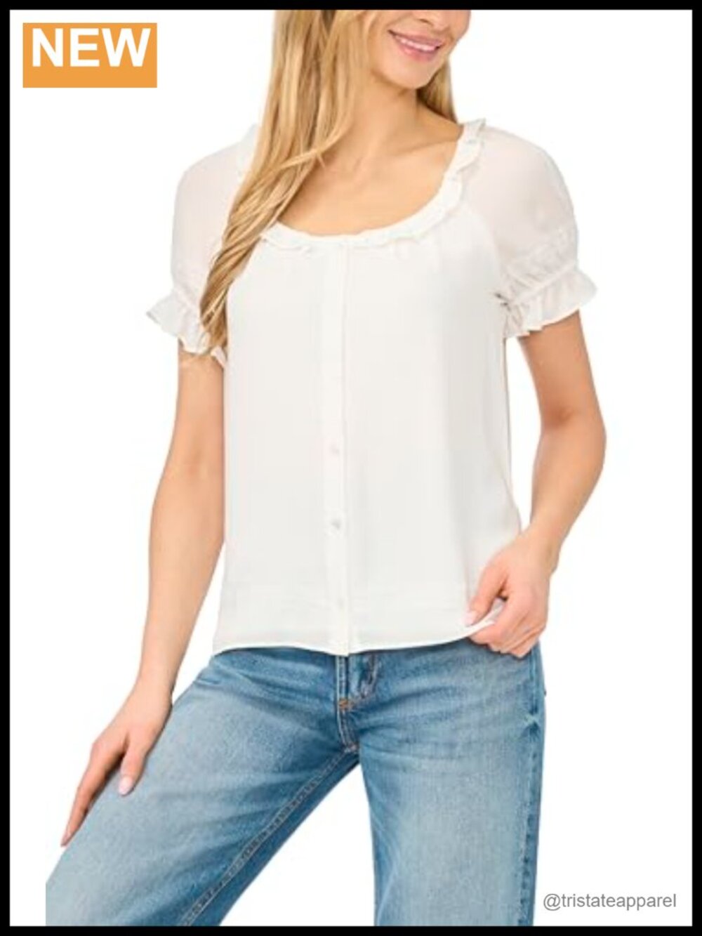 Wide Ruffle Neck Button Front Blouse 100% Polyester Regular Fit Women's Top